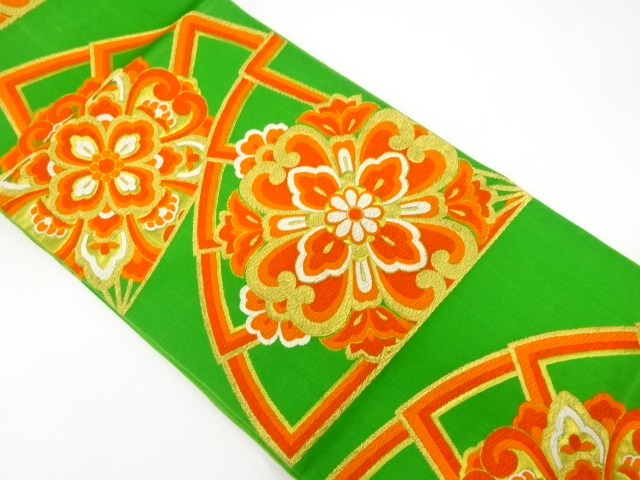 JAPANESE KIMONO / ANTIQUE FUKURO OBI / WOVEN FAN & FLORAL CREST